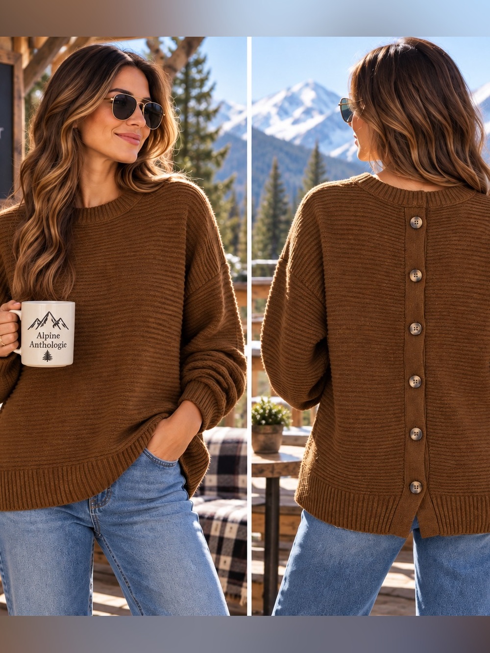 Madewell Greensboro Button Back Sweater XS Heather Cinnamon Brown Oversized Fall